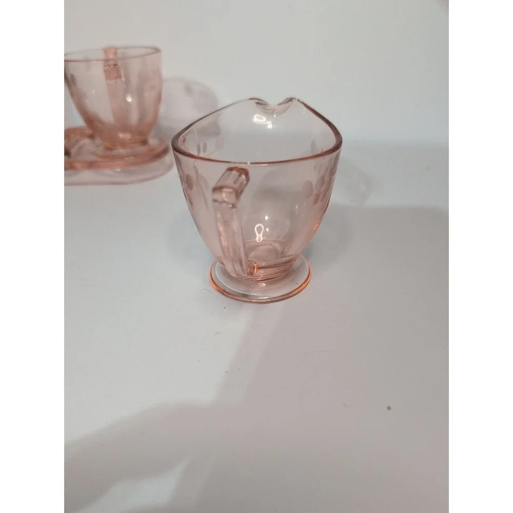Pink Depression Etched Glass 3-Piece Set: Sugar, Creamer, &  tray coffee tea